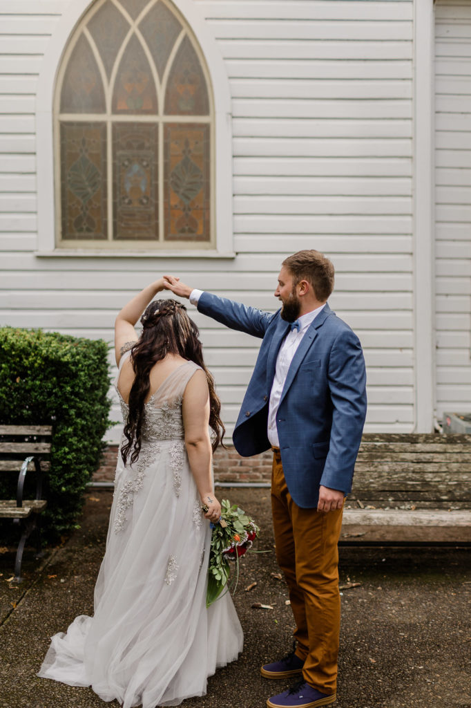 intimate first look moment during fall elopement in portland oregon