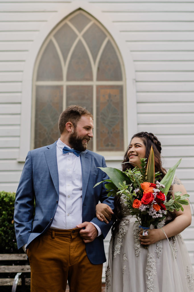 groom and bride at Fall wedding at Oaks Pioneer Church