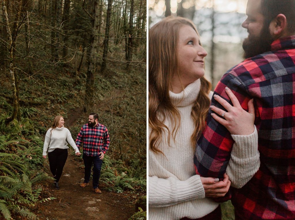 Couple walking on dirt path and holding hands and looking at each other Government Cove Oregon Engagement Photography captured by Oregon Engagement Photographer Simply Wandering Photography 