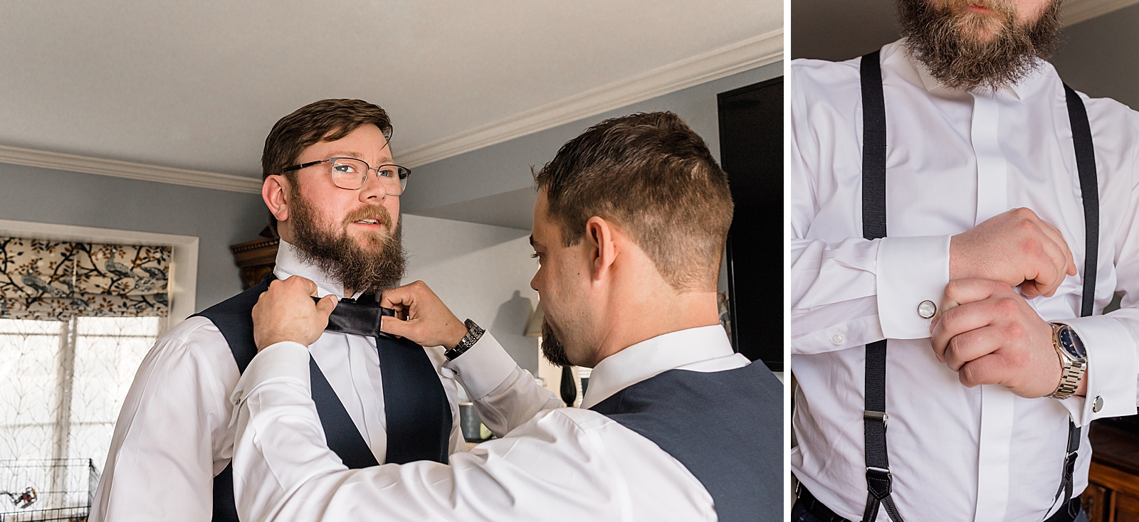 Groom getting help by Groomsmen to tie bow-tie and Groom adjusting cuff 