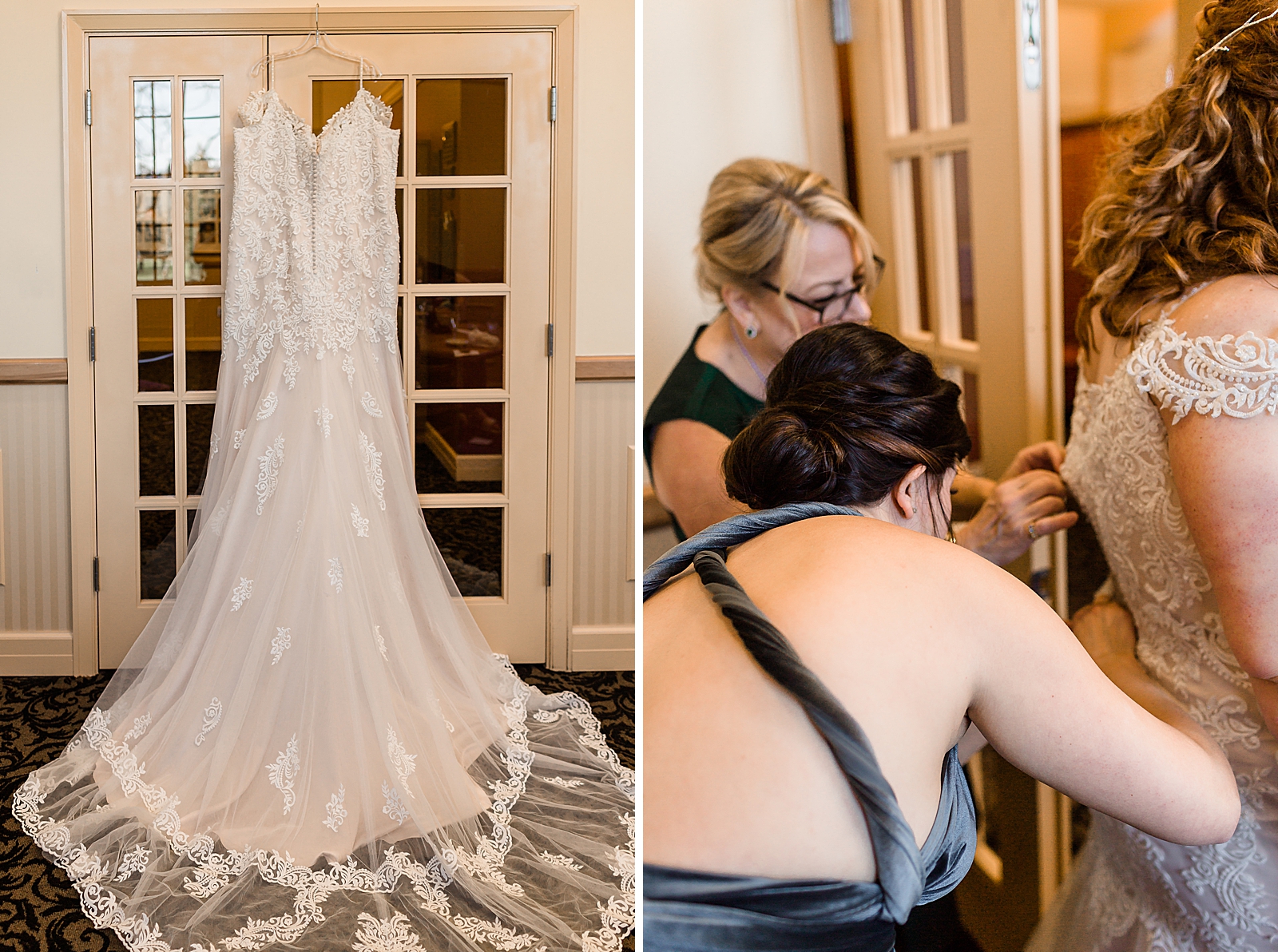 Wedding dress hanging on coat hanger on doors and Bride getting help buttoning dress Getting Ready 