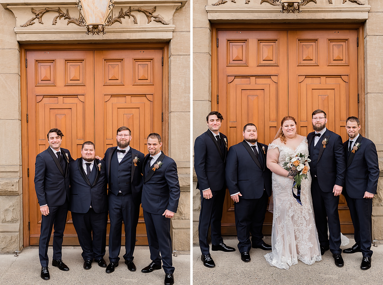 Groom and Groomsmen standing outside of church with Bride 