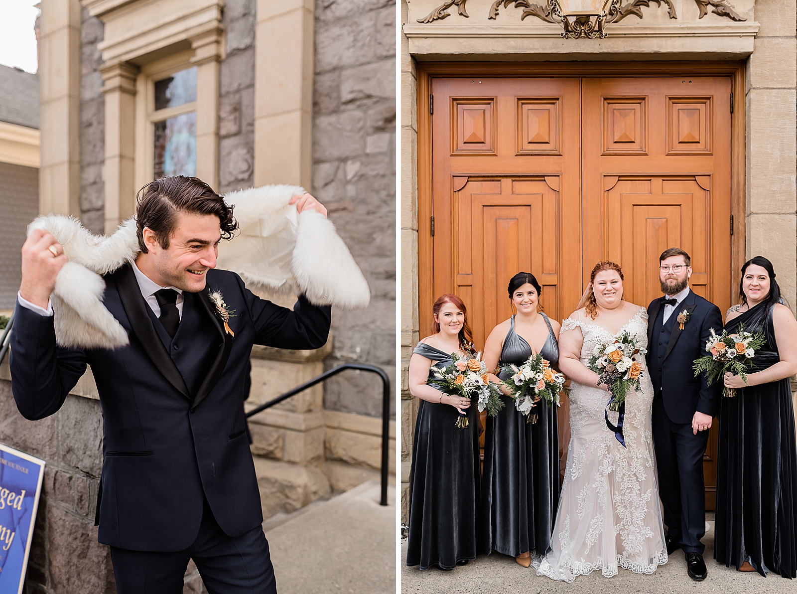Groomsmen with white shoulder fur and Groom and Bride and Bridesmaids standing in front of Church 