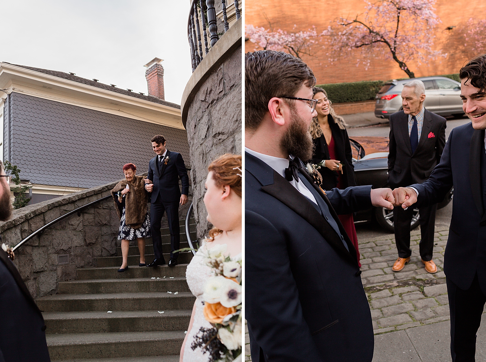 Groomsmen helping older lady down spiral staircase and fist bumping Groom 