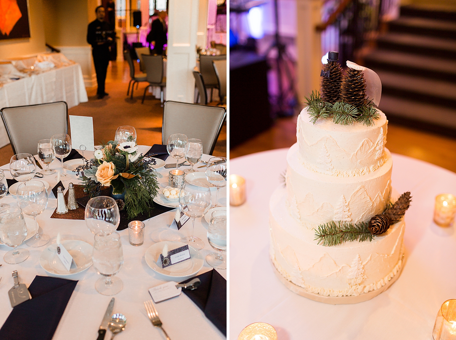 Detail shot of Reception table and Wedding cake with pinecone cake topper 