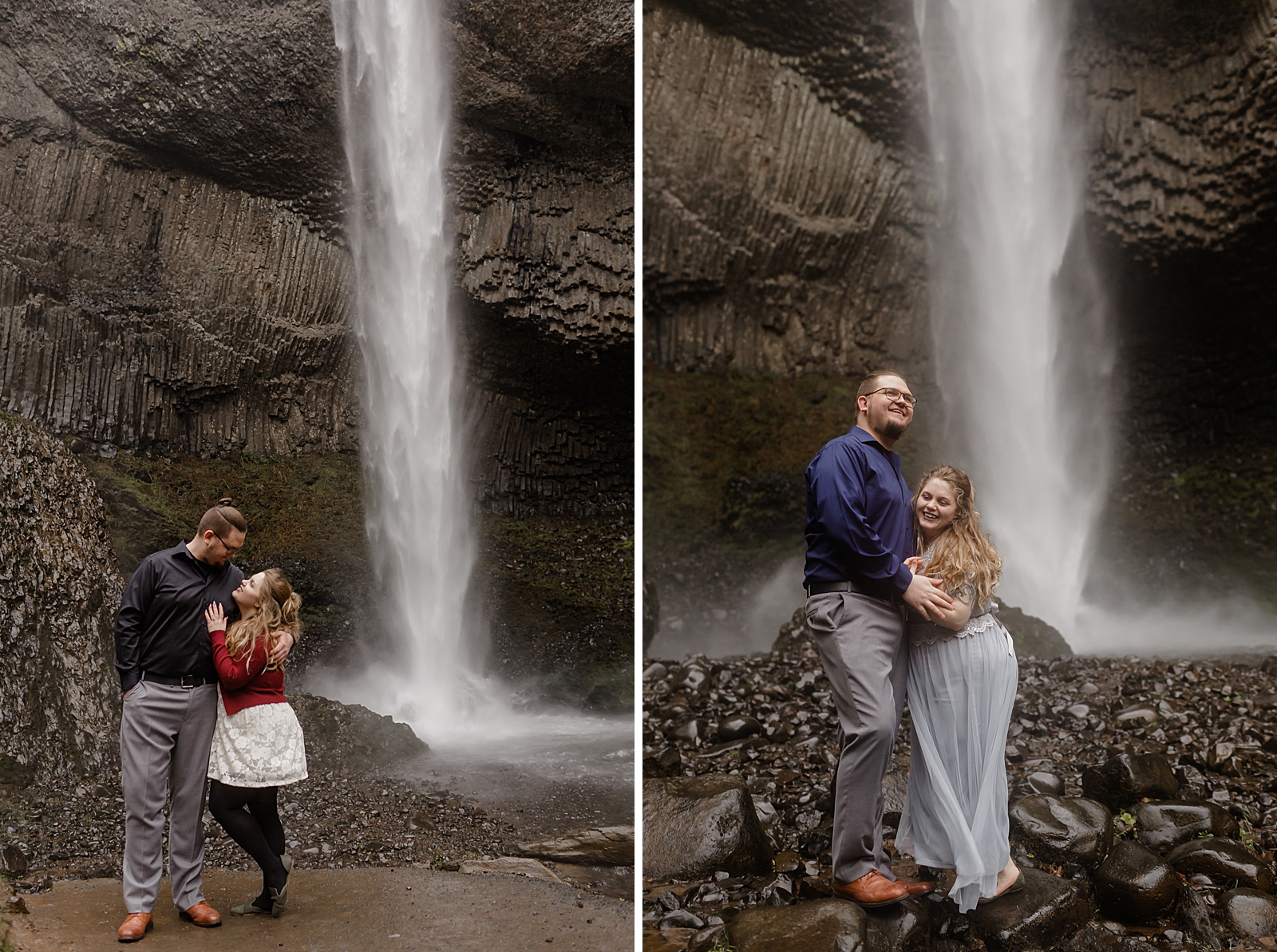 Couple holding each other and looking into each others eyes by a waterfall 