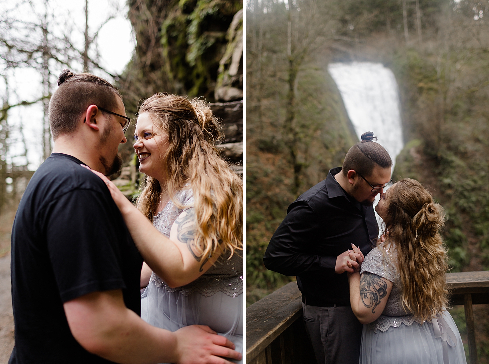 Couple holding each other close and nuzzling their noses by waterfall 
