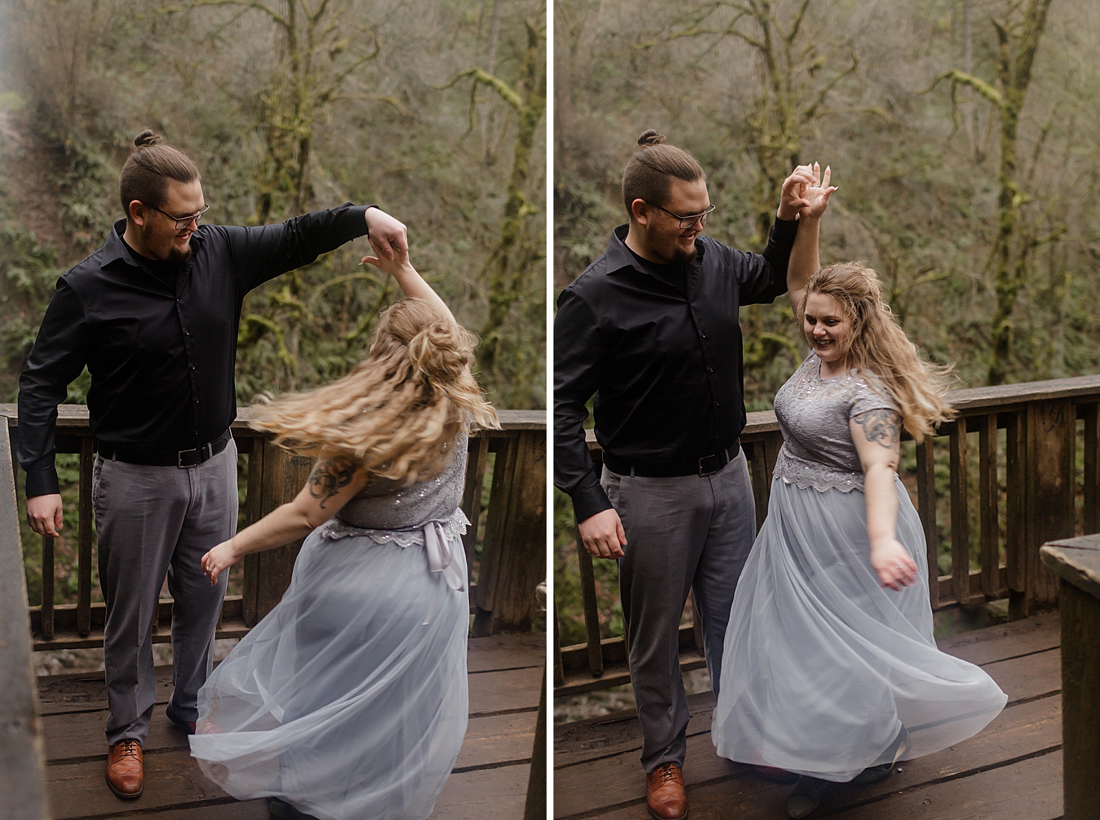 Couple dancing on forest balcony 