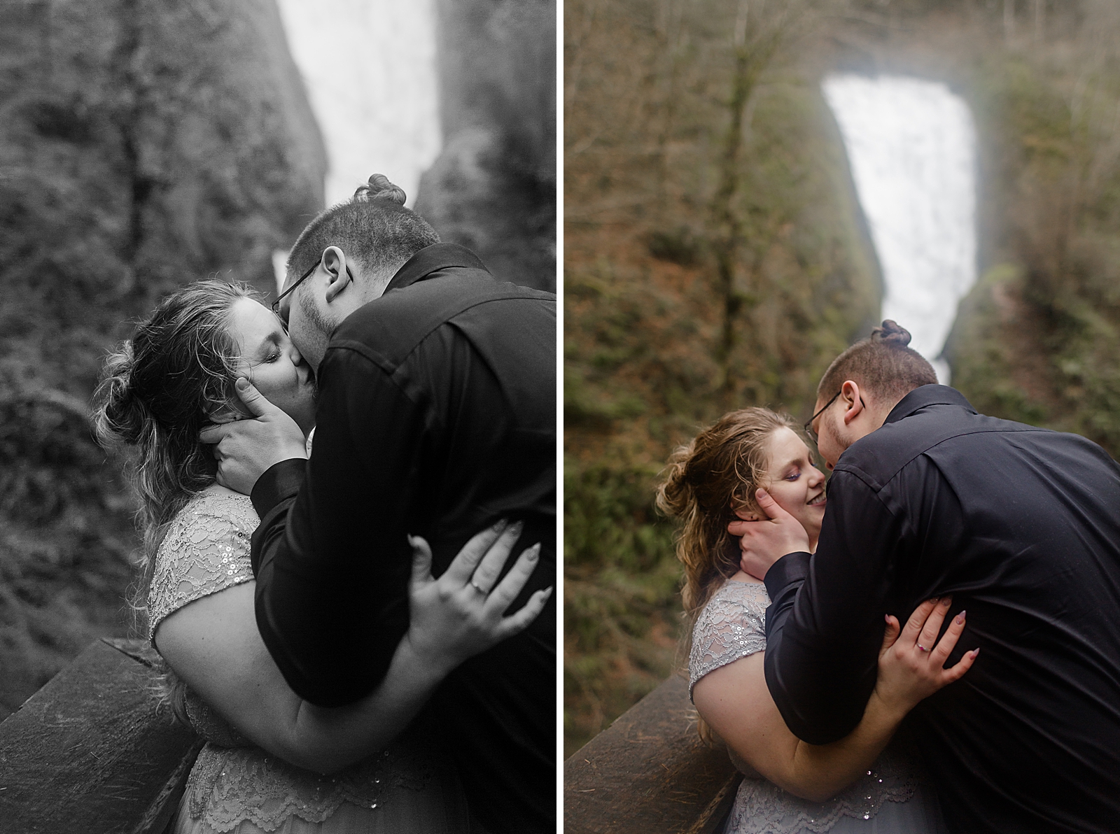 Couple kissing B&W by waterfall 