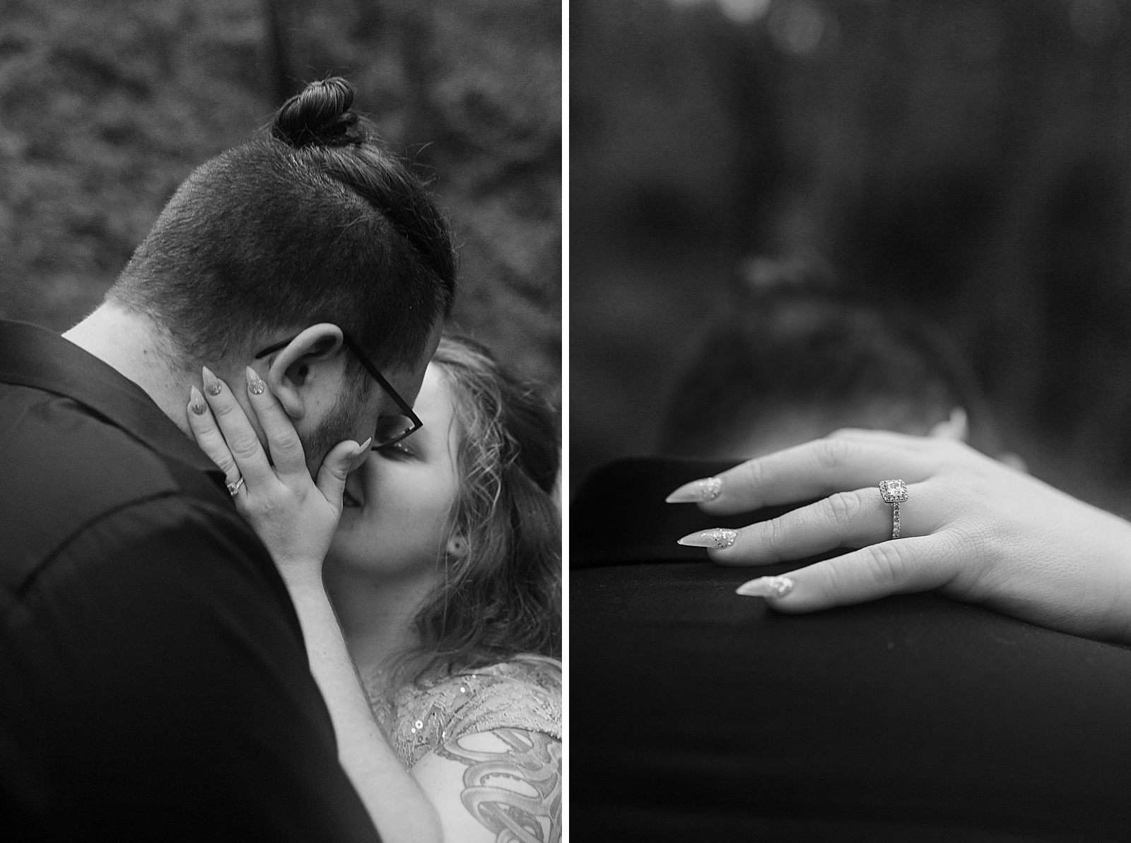 Couple kissing and closeup of engagement ring B&W 