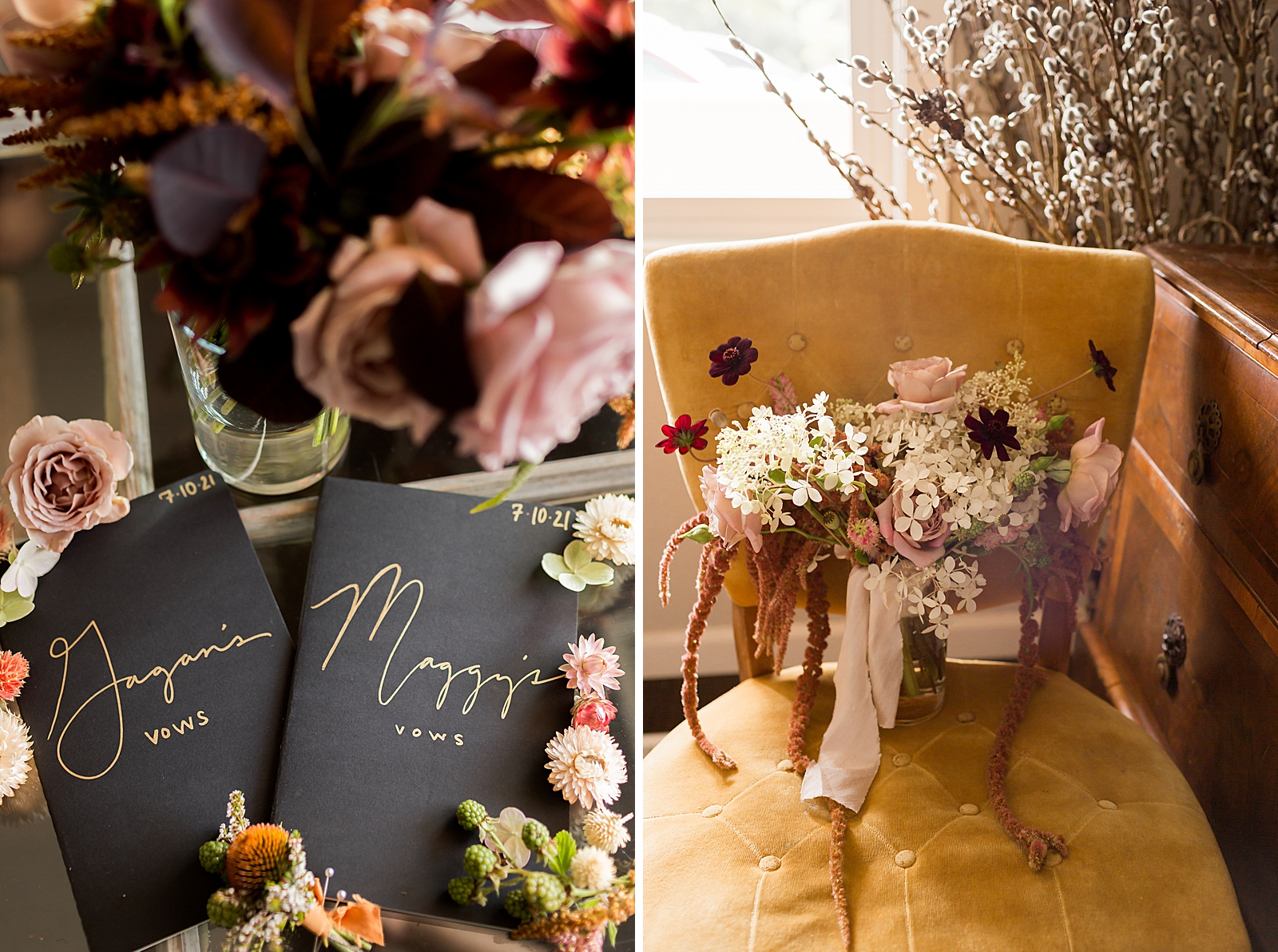 Detail shot of wedding invitations and floral bouquet on chair