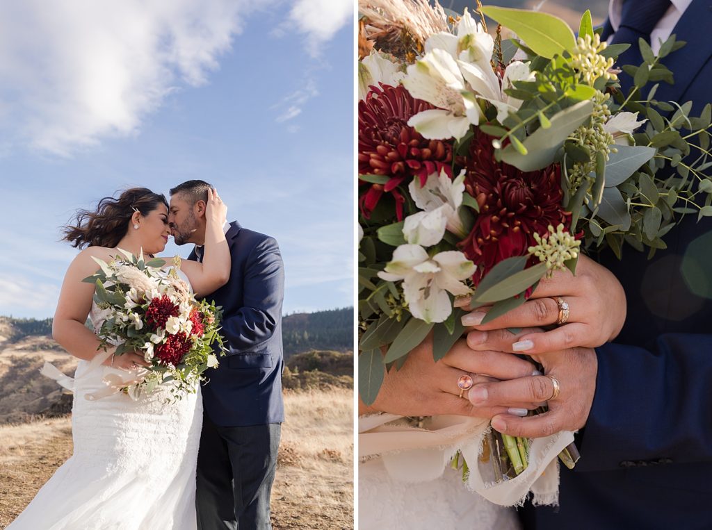 Bride holding Groom's head close to hers and holding white and red bouquet and closeup of bouquet and engagement ring