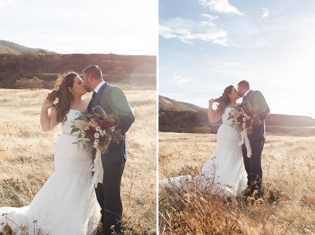 Bride and Groom kissing on dry grass field with sun shining on them