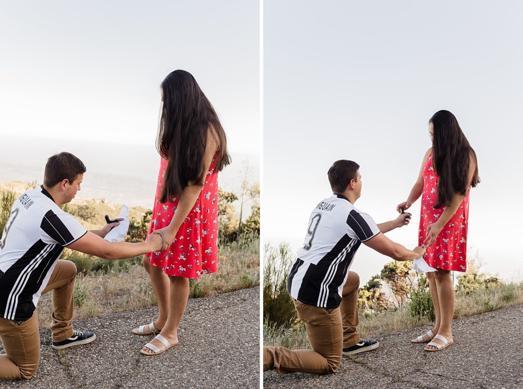 Man holding lady's hand and popping engagement ring box Santa Barbara Proposal Photography captured by Oregon Engagement Photographer Simply Wandering Photography 