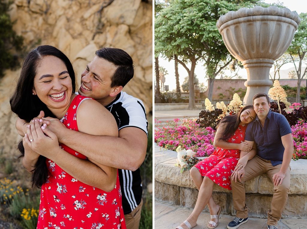 Couple holding each other and sitting by flower fountain Santa Barbara Proposal Photography captured by Oregon Engagement Photographer Simply Wandering Photography 