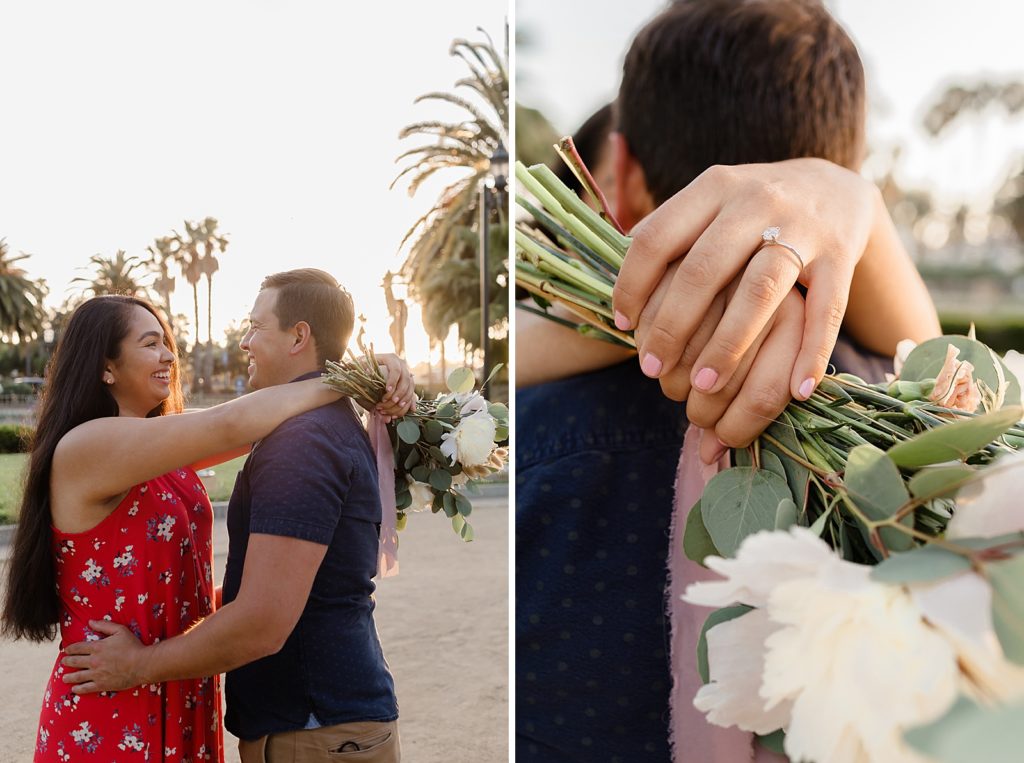 Couple holding each other and kissing with flower bouquet and engagement ring Santa Barbara Proposal Photography captured by Oregon Engagement Photographer Simply Wandering Photography 