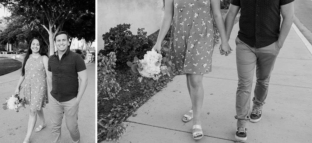 B&W Couple holding hands and walking on sidewalk Santa Barbara Proposal Photography captured by Oregon Engagement Photographer Simply Wandering Photography 