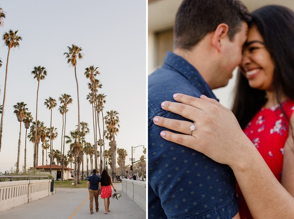Couple walking and nuzzling up showing off engagement ring Santa Barbara Proposal Photography captured by Oregon Engagement Photographer Simply Wandering Photography 