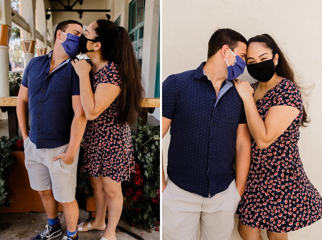 Mask on safe couple mask kissing and holding each other close Santa Barbara Proposal Photography captured by Oregon Engagement Photographer Simply Wandering Photography 