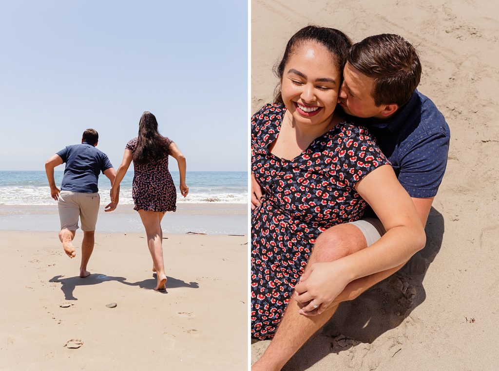 Couple running towards ocean water and sitting on the sand Santa Barbara Proposal Photography captured by Oregon Engagement Photographer Simply Wandering Photography 