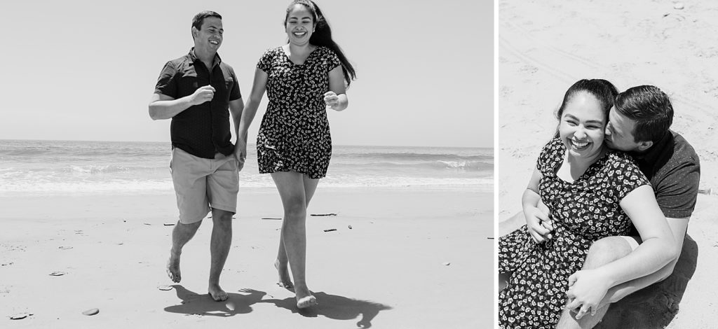 B&W couple having fun on the beach and sitting on the sand Santa Barbara Proposal Photography captured by Oregon Engagement Photographer Simply Wandering Photography 