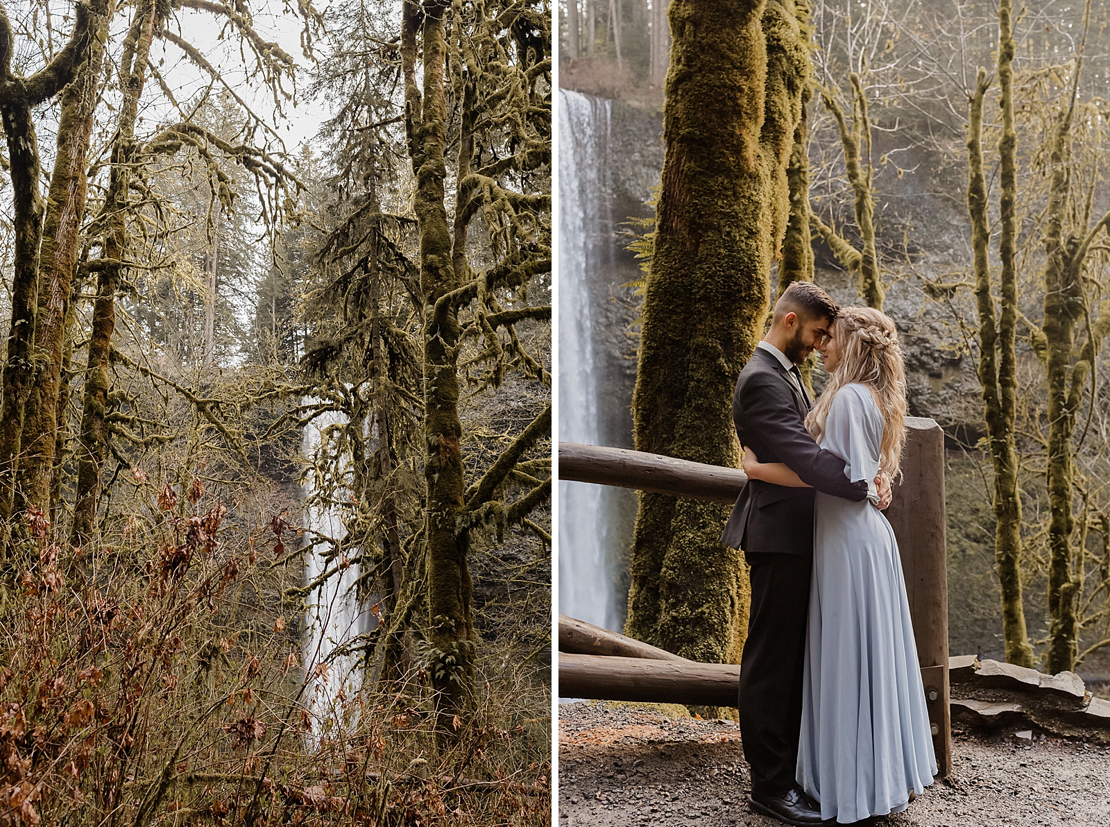 Detail shot of woods and couple holding each other close Silver Falls State Park Oregon Adventure Photography captured by Simply Wandering Photography 