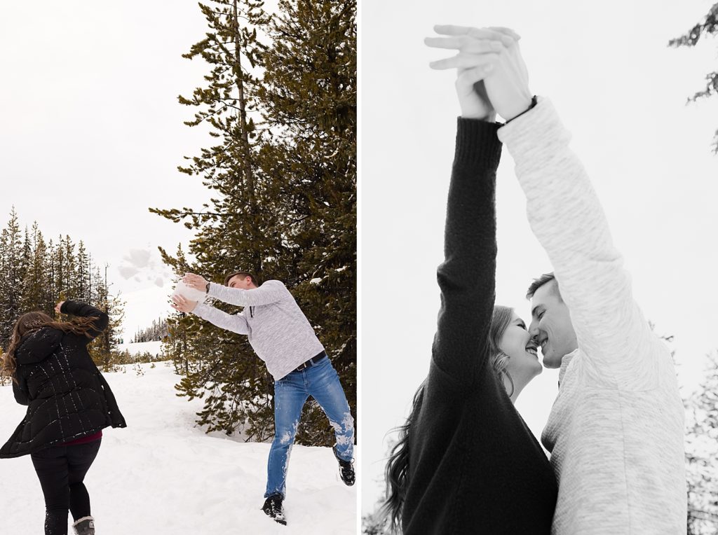 Man throwing snow at woman