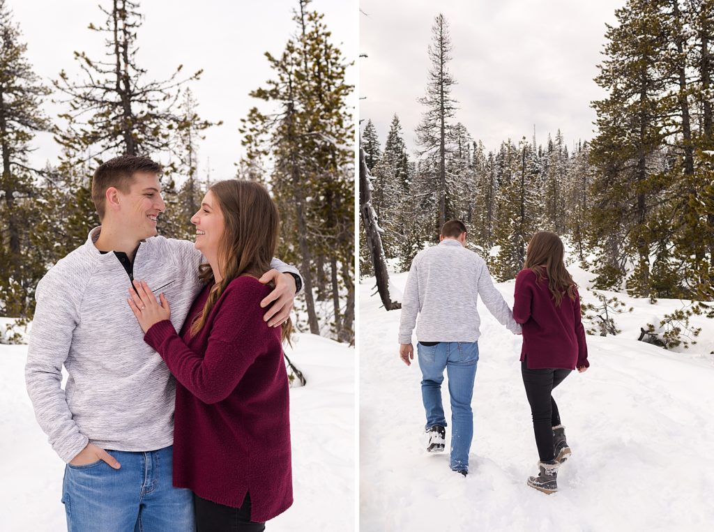 Couple holding each other and looking at each other in the snow