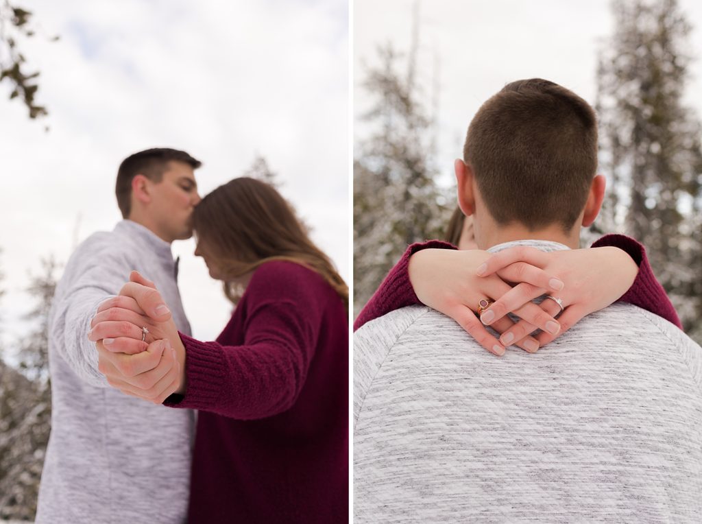 Couple portrait shots showing off engagement ring