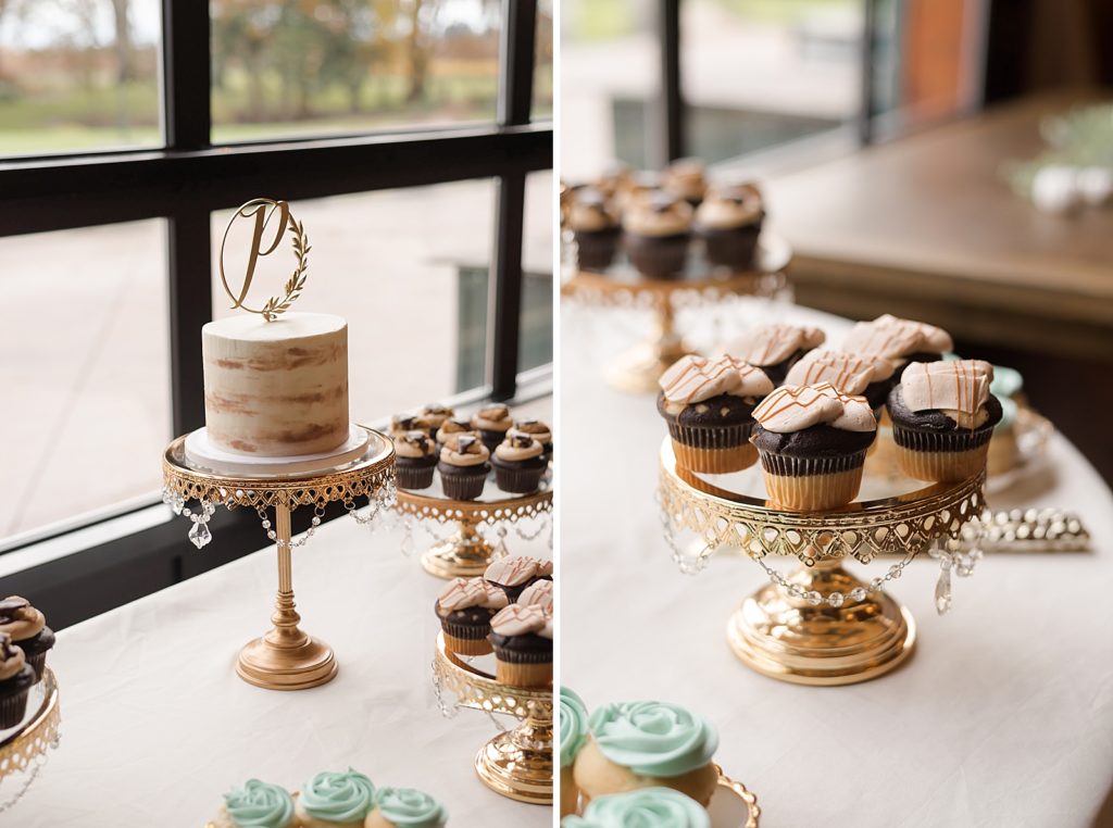 Miniature wedding cake with chocolate cupcakes Detail shot