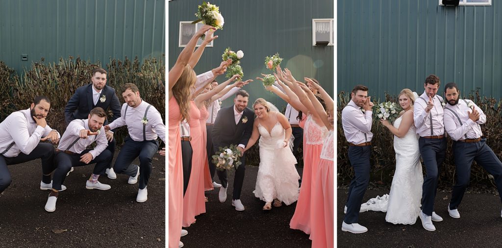 Bride and Groom doing fun portrait poses with wedding party
