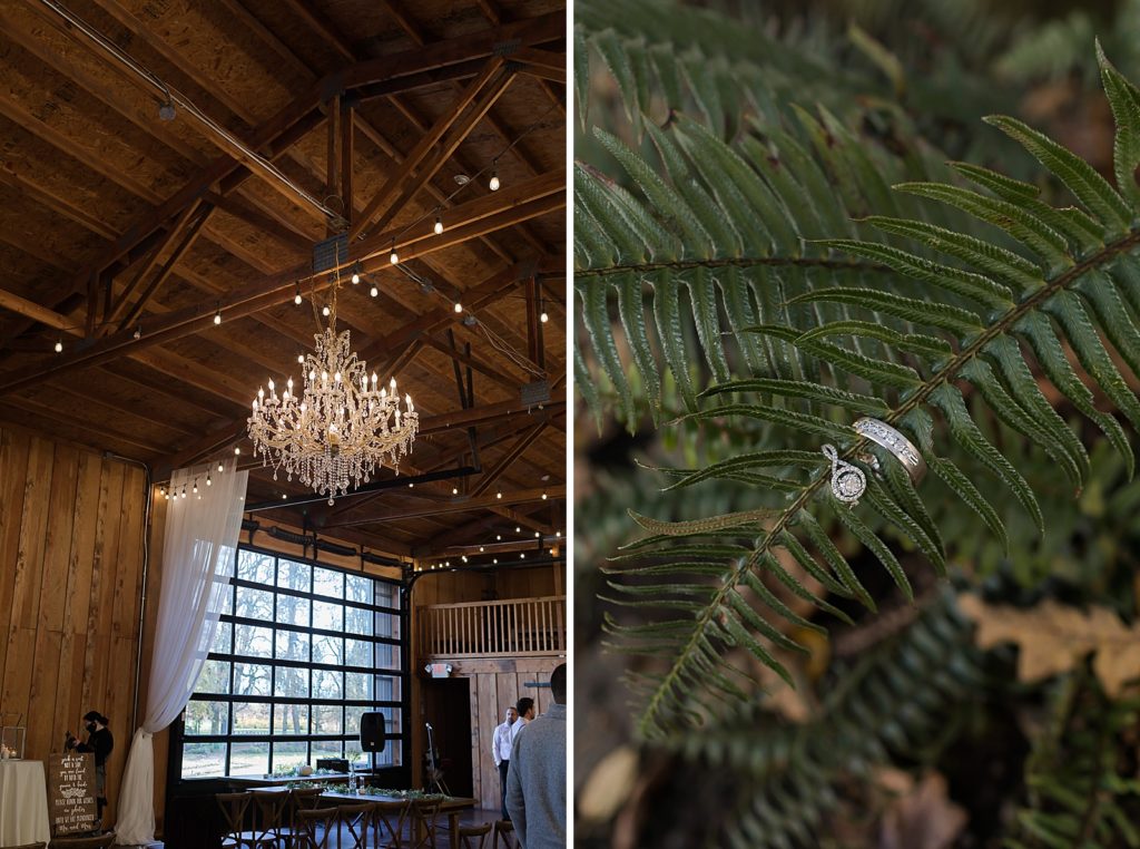 Detail shot of Vintage chandelier in barn and wedding band and engagement ring on branch