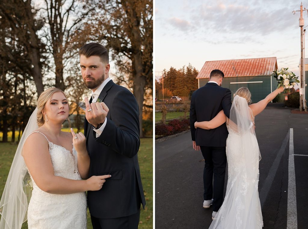 Bride and Groom holding up ring fingers in quirky portrait