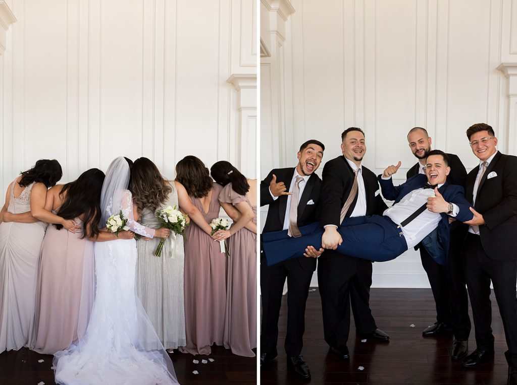 Bride with Bridesmaids with their arms around each other and Groom being held by Groomsmen