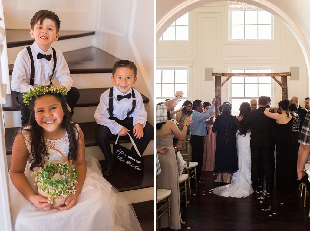 Flower girl and ring bearers sitting on staircase together