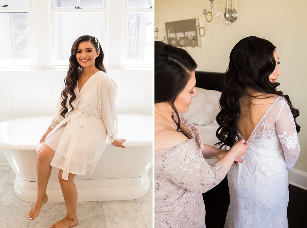 Bride before getting ready and mother helping button up wedding dress