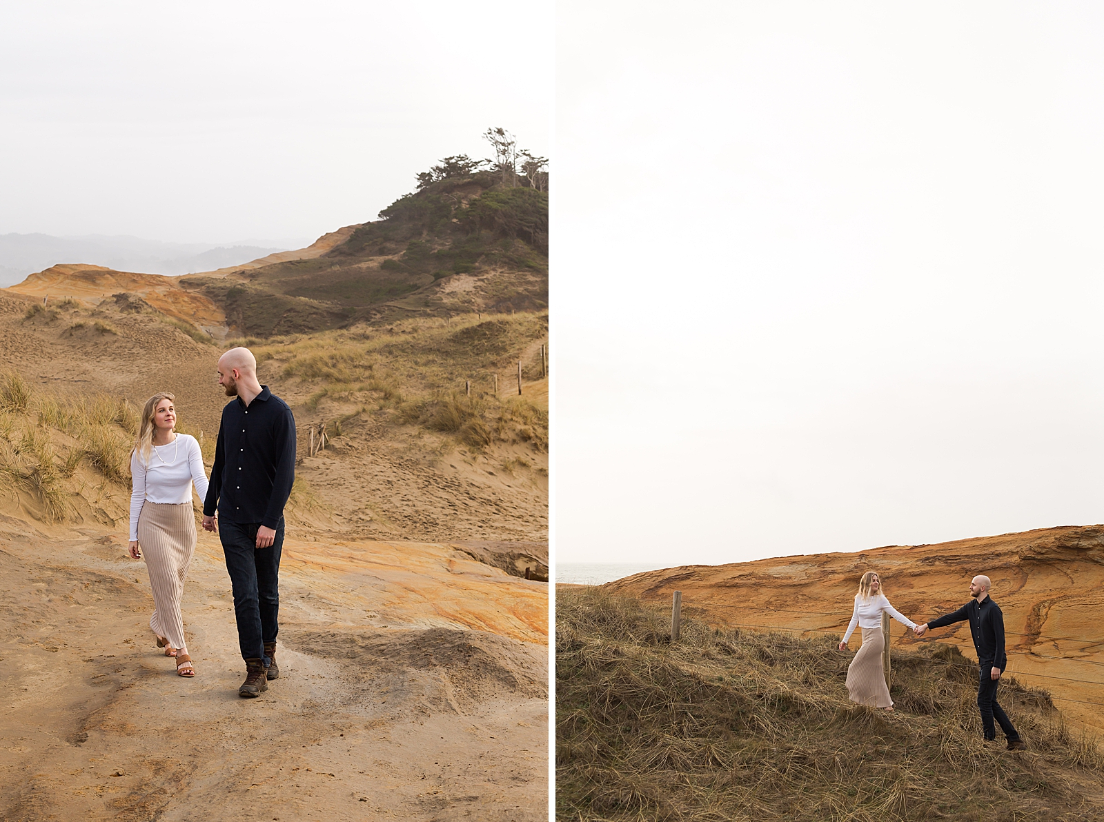 Couple holding hands walking on rocky canyon