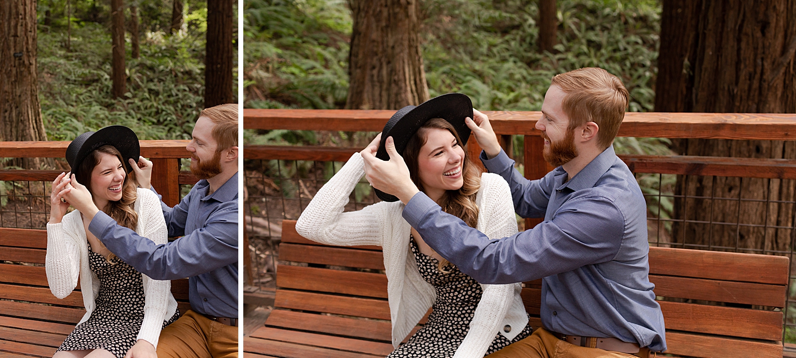 Man putting hat on lady while sitting on wood bench