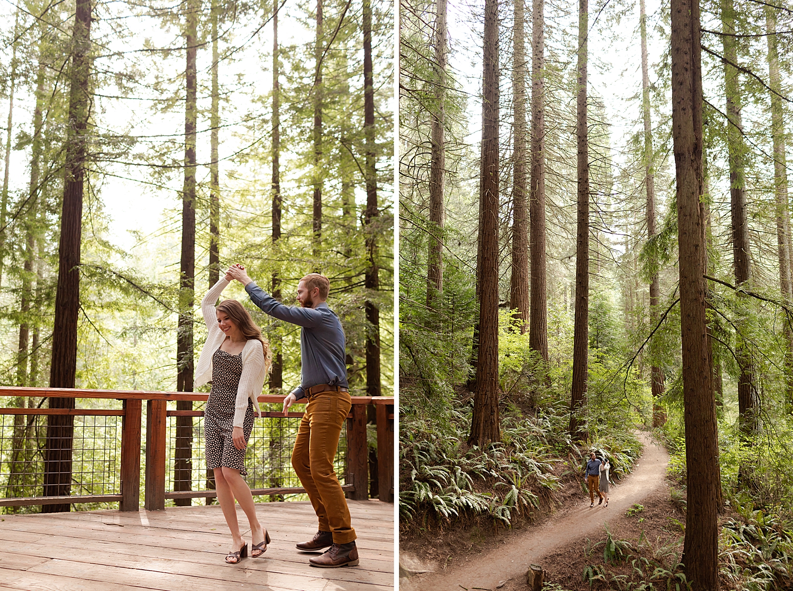 Couple twirling and walking through forrest