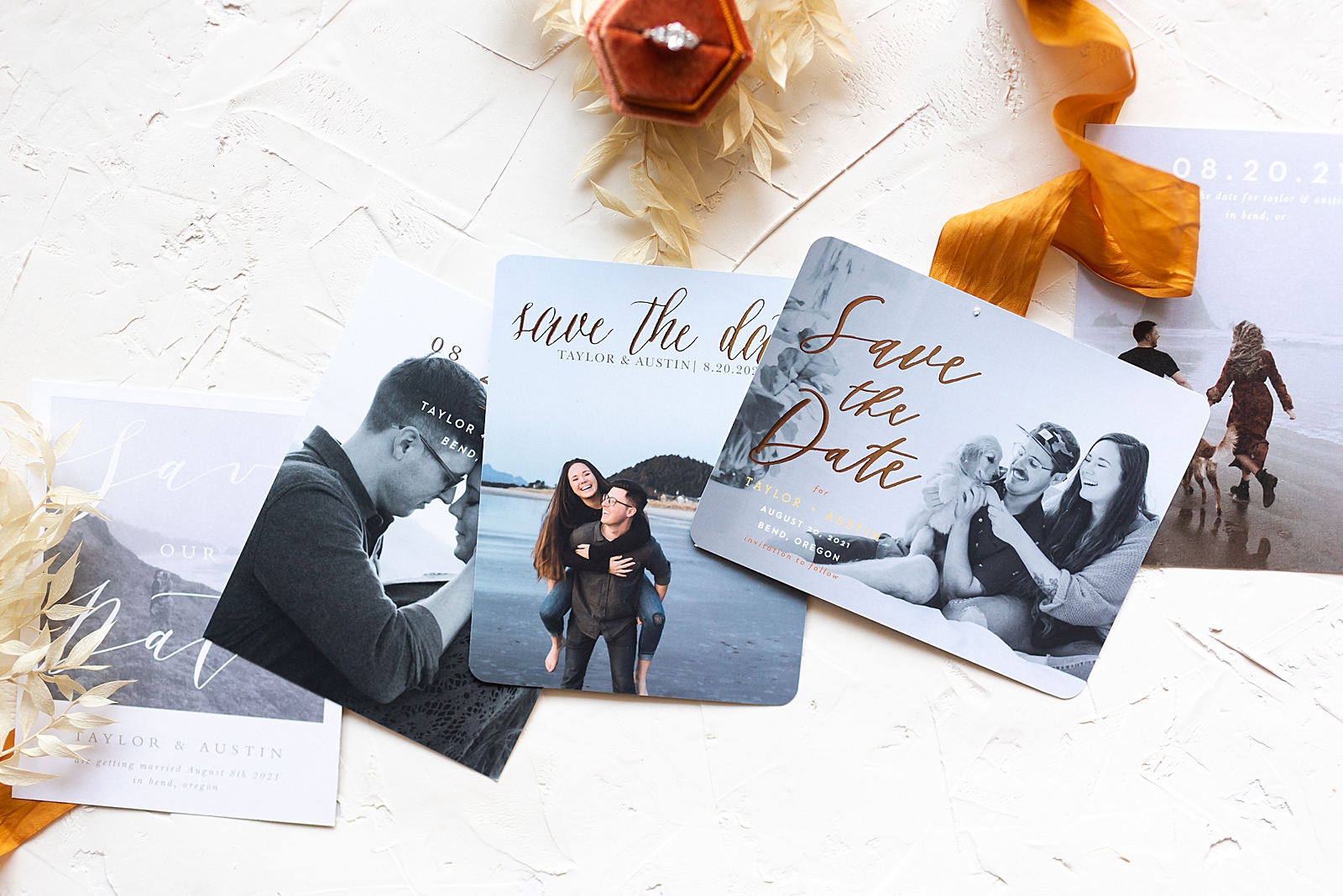 variety of save the date styles with portland engagement photos in color and black and white with gold script 