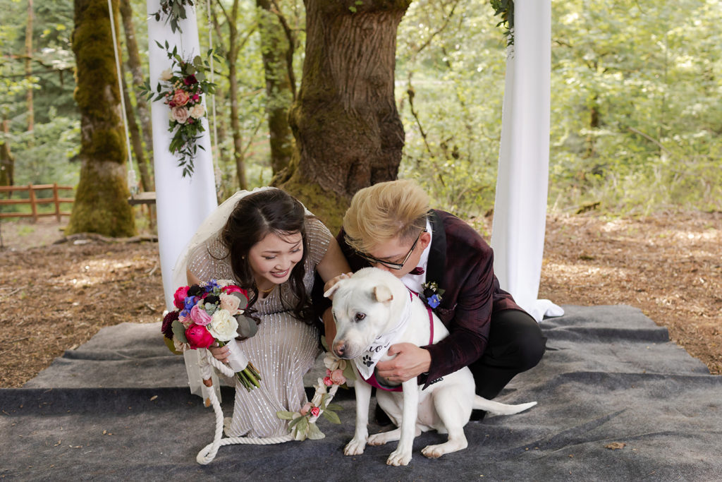 bride and groom kidding dogRomantic Backyard Newberg Wedding Photography