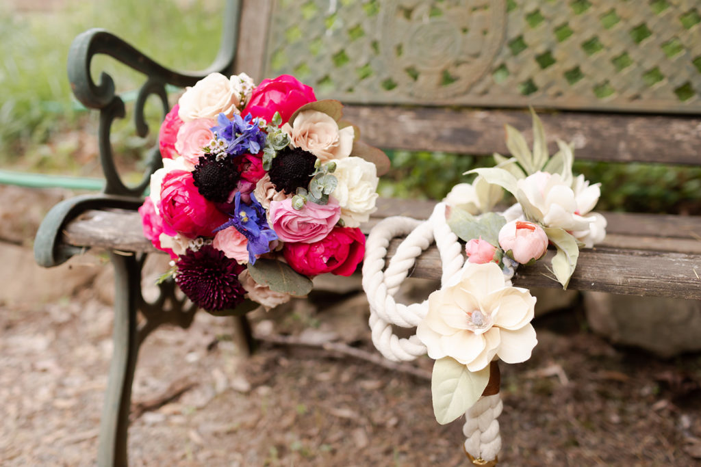 bouquet and dog leash for Romantic Backyard Newberg Wedding Photography