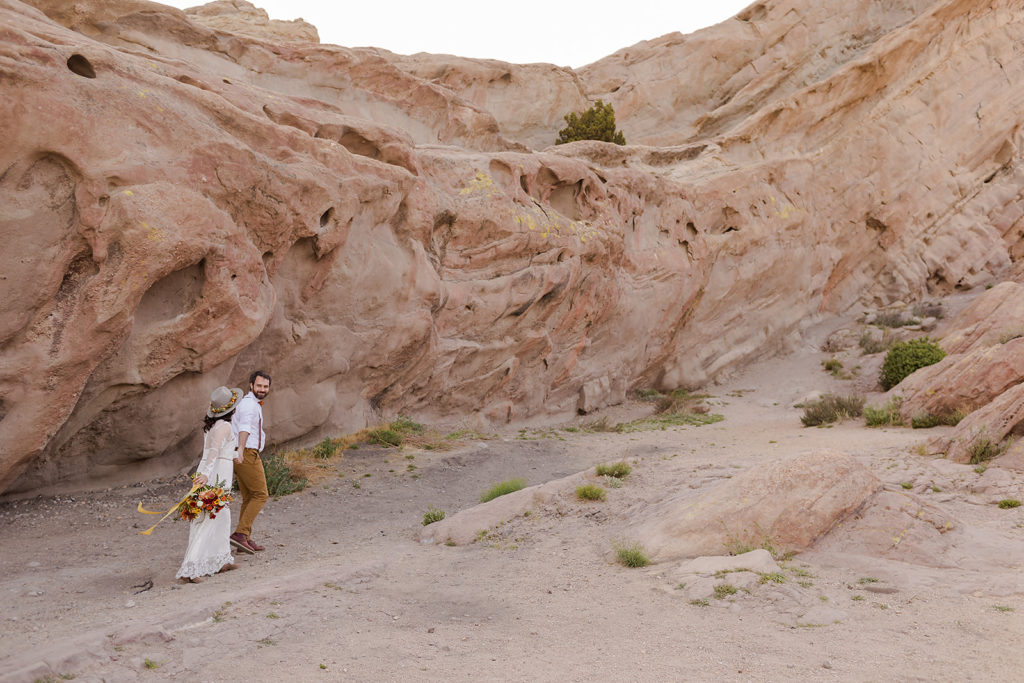 bride and groom at vasquez rocks elopement