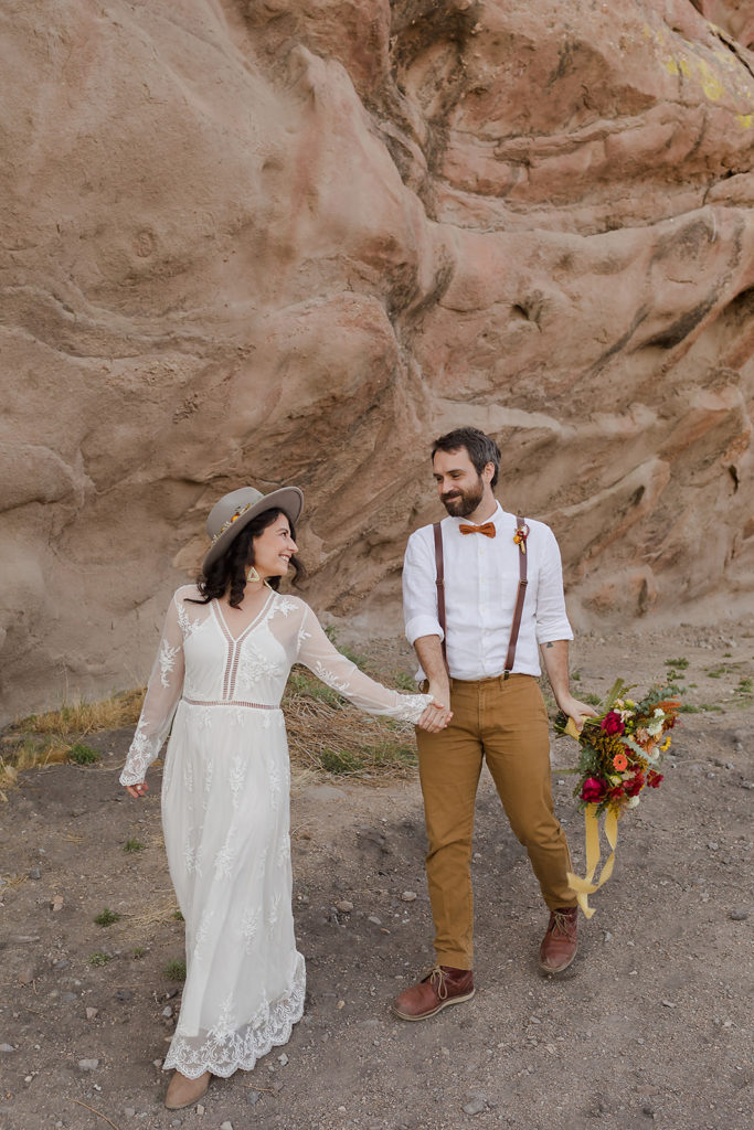 bride and groom at vasquez rocks elopement